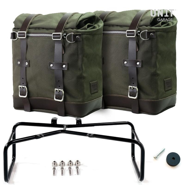 DOS ALFORJAS LATERALES SCRAM EN LONA VERDE 22L-30L + CHASIS DOBLE NINET
